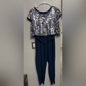 Girls navy blue sequin jumpsuit
